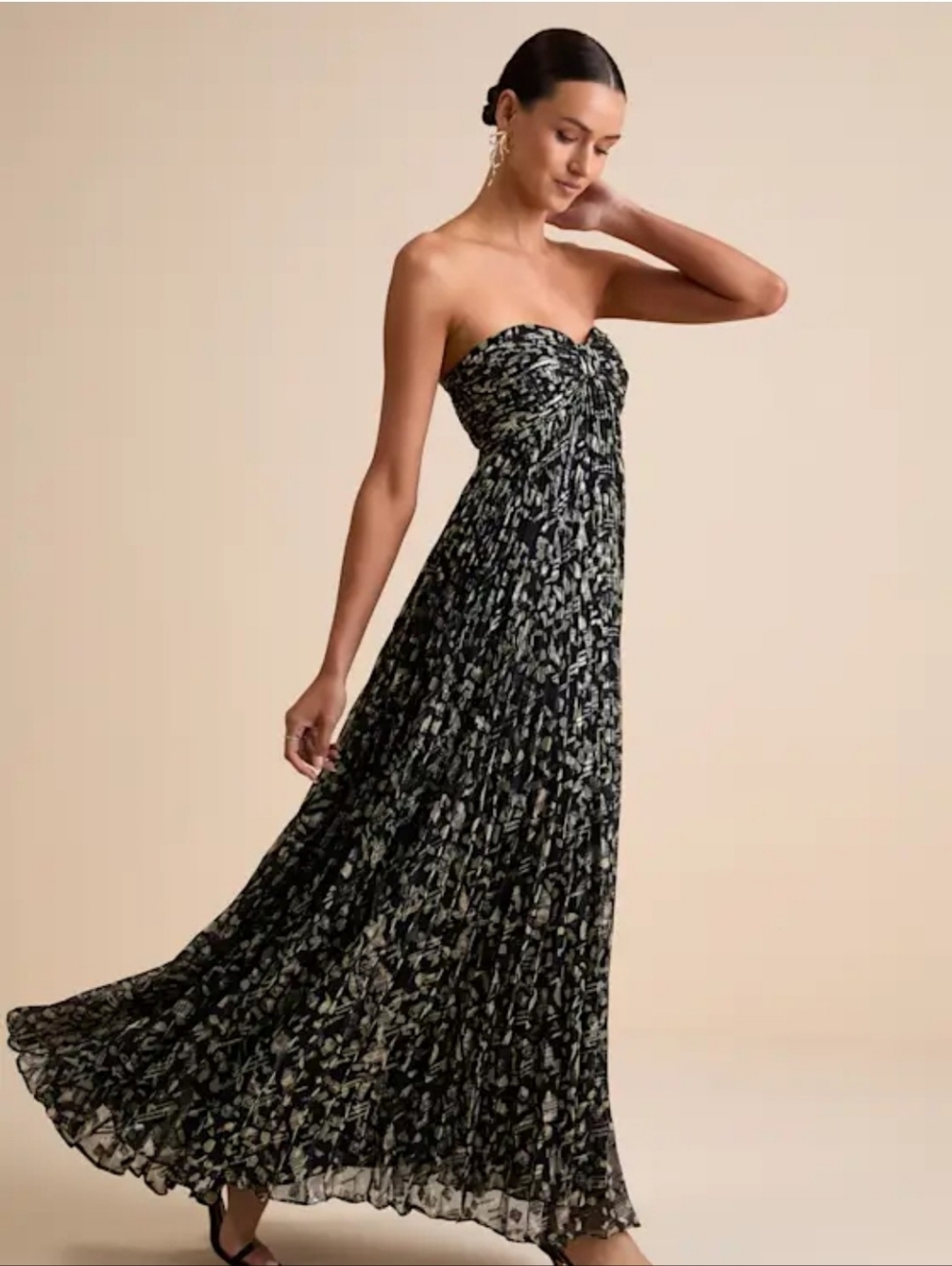 Lynwen Black Abstract Pleated Strapless Maxi Dress
